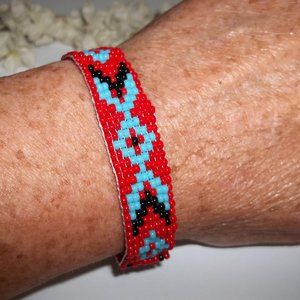 Beaded Bracelet Southwestern Western Style Red Turquoise Blue Black Silver A775